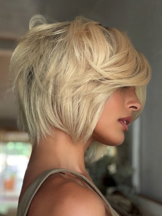 Roxie wearing JADORE DELUXE by ELLEN WILLE in PEARL BLONDE ROOTED | Pearl Platinum and Lightest Ash Blonde with Medium Ash Blonde Blend and Shaded Roots