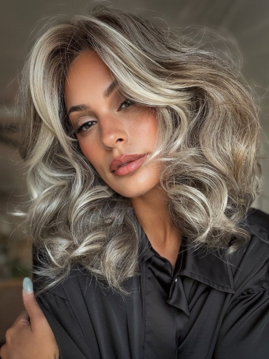 Roxie wearing MILLION DOLLAR BABE by TRESSALLURE in 52/38/49/R8 | 3 Tones of Grey blended with Dark Brown Roots