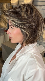 Madeline wearing MARNI by BELLETRESS in CHOCOLATE BUTTERCREAM R | Medium and Dark Brown Rooted with a Blend of Medium Brown and Dark Blonde