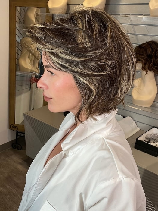 Madeline wearing MARNI by BELLETRESS in CHOCOLATE BUTTERCREAM R | Medium and Dark Brown Rooted with a Blend of Medium Brown and Dark Blonde