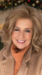 Donna van Lier-Grieve @style.me.ageless wearing EDITOR'S PICK LARGE by RAQUEL WELCH in RL29/25 GOLDEN RUSSET | Ginger Blonde Evenly Blended with Medium Golden Blonde