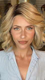 Madeline wearing UNFILTERED by RAQUEL WELCH in RL14/22SS SHADED WHEAT | Dark Blonde Evenly Blended with Platinum Blonde with Dark Roots