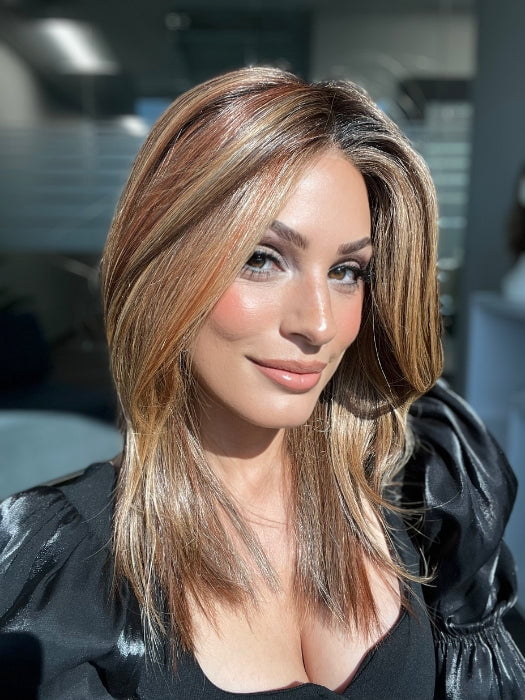 ROXIE wearing PICTURE PERFECT by TRESSALLURE in 33/32/R4 | Dark Auburn Blended with Dark Brown and Dark Roots