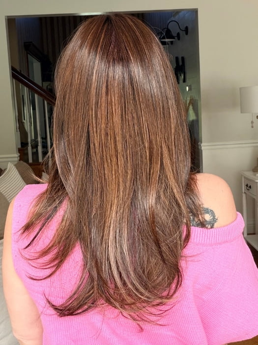 Crystal @crystallhoneycutt wearing SPEARS by BELLE TRESS in color FRENCH ROAST BROWN-R | A deep, luxurious brunette featuring a dark brown base with warm bronze and subtle red undertones. Softly rooted for natural depth and dimension.