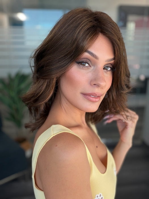 Roxie is wearing ENERGY by GABOR in GL 6-30 MAHOGANY | Dark Brown with soft Copper Highlights