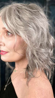 Mel B. @mels.be.ageless wearing BRAYLEN by AMORE in color SILVER-STONE | Dark Brown Base with Multi Grey Shades Blended