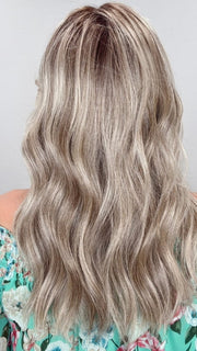 Kim Hammon @letstalkwithkim wearing DECADENT DIVA by RAQUEL WELCH in color SS17/23 ICED LATTE MACCHIATO | Honey Blonde shaded with Cool Blonde with Dark Roots