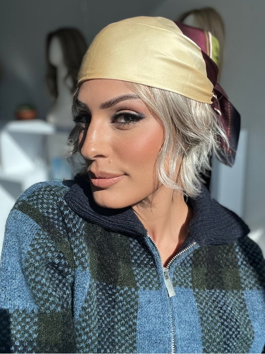 ROXIE wearing DANCE by ELLEN WILLE in color CANDY BLONDE TIPPED 101.27.60 | Pearl platinum blonde mixed with light reddish brown and pure white