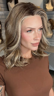 Madeline wearing ANNA by BELLETRESS in BROWN-SUGAR-COOKIE-R | The Roots are a Rich Brown Tone that seamlessly transitions into a Warm Golden Brown