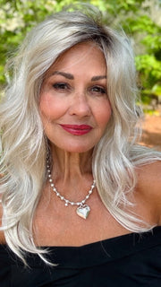 Ellen wearing ARROW by ELLEN WILLE in PLATIN BLONDE ROOTED 60.24 | Pearl Platinum, Light Golden Blonde, and Pure White Blend