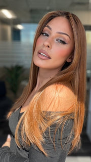 Roxie wearing STAY OUT LATE by GABOR in GF29-33SS ICED PUMPKIN SPICE | Strawberry Blonde shaded with Dark Red-Brown