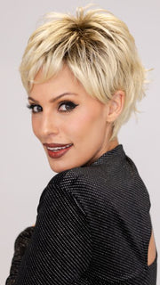 ROXIE wearing SPARKLE ELITE by RAQUEL WELCH in SS613 SHADED PLATINUM | Dark Brown Roots with Warm Platinum Blonde