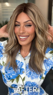 Roxie is wearing BARELY THERE WAVY 12" TOPPER by ENVY in color PROSECCO | BROWN ROOTS WITH GOLDISH BLONDE HIGHLIGHTS