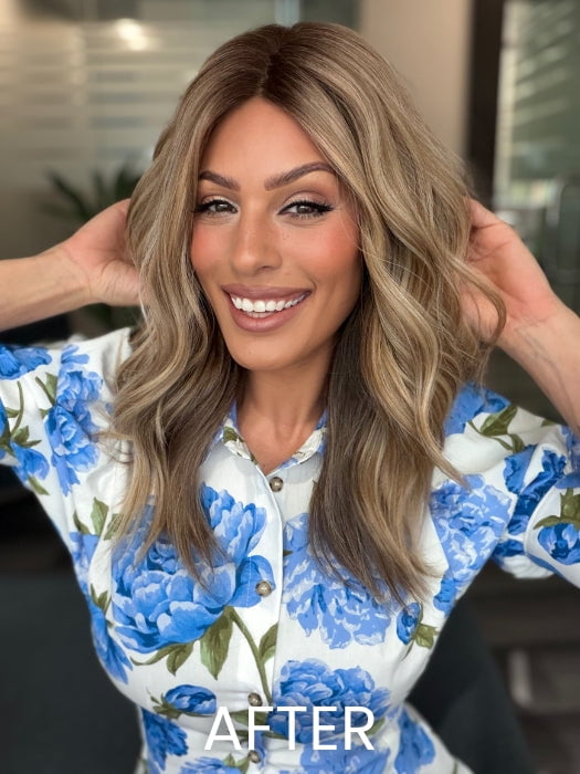 Roxie is wearing BARELY THERE WAVY 12" TOPPER by ENVY in color PROSECCO | BROWN ROOTS WITH GOLDISH BLONDE HIGHLIGHTS