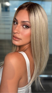 Roxie wearing SLONE by RENE OF PARIS in BUTTERCREAM BLONDE R | Light Ash Blonde, Medium Honey Blonde, and Pale Gold Hues blended