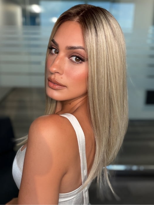 Roxie wearing SLONE by RENE OF PARIS in BUTTERCREAM BLONDE R | Light Ash Blonde, Medium Honey Blonde, and Pale Gold Hues blended