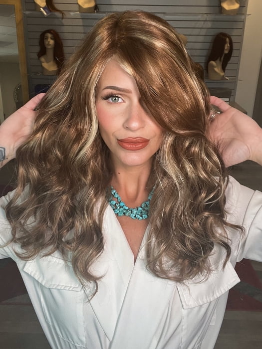 Madeline wearing SARAH by JON RENAU in FS26/31 CARAMEL SYRUP | Medium Natural Red Brown with Medium Red Gold Blonde Bold Highlights