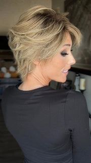 Nichole wearing AWARD DELUXE by ELLEN WILLE in SANDY BLONDE ROOTED | Medium Honey Blonde, Light Ash Blonde, and Lightest Reddish Brown blend with Dark Roots