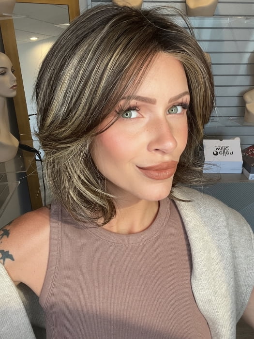 Madeline wearing FERRARI by BELLETRESS in CHOCOLATE BUTTERCREAM R | Medium and Dark Brown Rooted with a Blend of Medium Brown and Dark Blonde