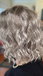 Eileen wearing GIRL MONO by ELLEN WILLE in STONE-GREY-ROOTED 56.60.58 | Dark/Lightest Brown and Lightest Blonde blended with Pearl White and a Grey Blend with Shaded Roots