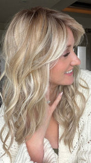 Carly wearing LIVERPOOL by BELLETRESS in MILKSHAKE BLONDE R | A mixture of Light Sandy Brown, Highlighted with Light Ash Blonde with a Hint of Light Platinum Blonde with a Medium Root Color