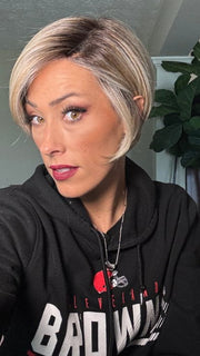 Nichole wearing ALETTA by ELLEN WILLE in IVORY-BLONDE-SHADED 101.16.14 | Medium Ash Blonde and Medium Blonde blend with Pearl Platinum and Shaded Roots