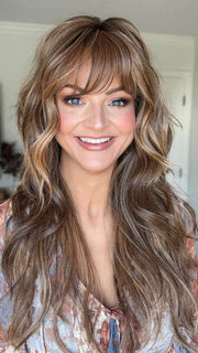 Sandy wearing GAIA by BELLETRESS in JAMOCA-ALMOND-FUDGE-R | Deep mocha brown blended with subtle golden almond undertones and fudge-like highlights to create a rich brunette hue