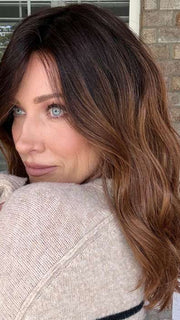 Kristyna Moore @kristynamoore wearing BALAYAGE BEAUTY by RAQUEL WELCH IN RL2/31OM OMBRE CINNAMON  | Black blend from the roots to midlength that transition into a medium light auburn ombré from midlength to the ends