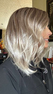 Nichole Corbett @nicholealee wearing TOUCH by Ellen Wille in color CANDY-BLONDE-ROOTED 101.27.60 | Pearl platinum blonde mixed with light reddish brown and pure white