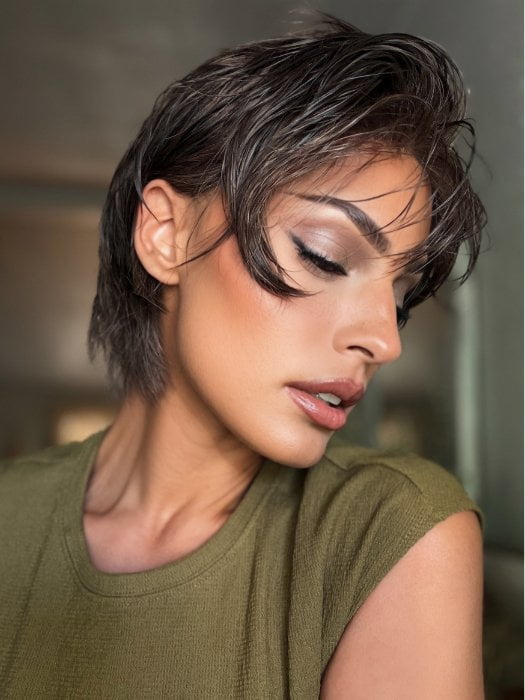 Roxie wearing AWARD DELUXE by ELLEN WILLE in COFFEE BROWN FROSTED 6.10.15 | Dark Brown and Light Brown with Light Ash Blonde Blend with a Soft Matte Finish