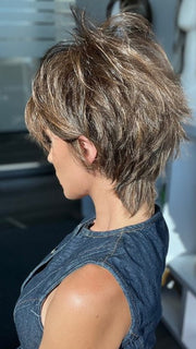 Roxie is wearing CHAT by ELLEN WILLE in color GF6-30 COPPER MAHOGANY | Medium Brown Evenly Blended with Medium Auburn