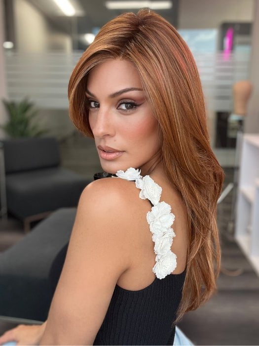 Roxie is wearing STELLA by BelleTress in color PUMPKIN PIE SPICE | A combination of Strawberry, Medium and Light Copper Red, Highlighted with Light Blond and Rooted with Medium Brown