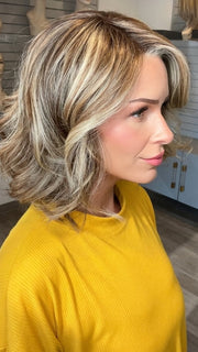 Madeline wearing ISSEY by BELLETRESS in BROWN-SUGAR-COOKIE-R | The Roots are a Rich Brown Tone that seamlessly transitions into a Warm Golden Brown