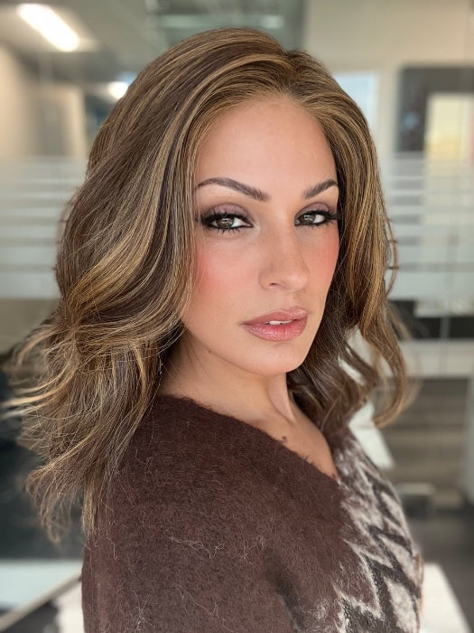 ROXIE wearing PANACHE WAVEZ by RENE OF PARIS in MARBLE-BROWN | Medium Brown and Light Honey Brown Evenly Blended