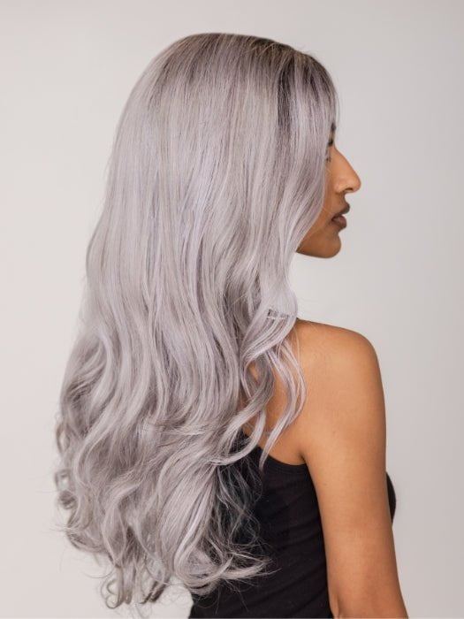 Model is wearing LENNOX by RENE OF PARIS in SMOKY-GRAY-R | Medium gray with silver highlights and blue undertones with dark roots