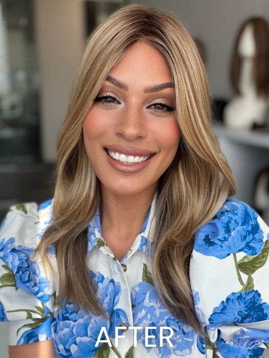 Roxie is wearing BARELY THERE STRAIGHT 12" TOPPER by ENVY in SPARKLING CHAMPAGNE | Medium Brown roots with overall Strawberry Blonde base and soft Golden Blonde highlights