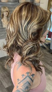 Madeline wearing ELLE by BELLETRESS in CAPPUCINO LATTE R | A Deep brunette with light brown highlights and lowlights