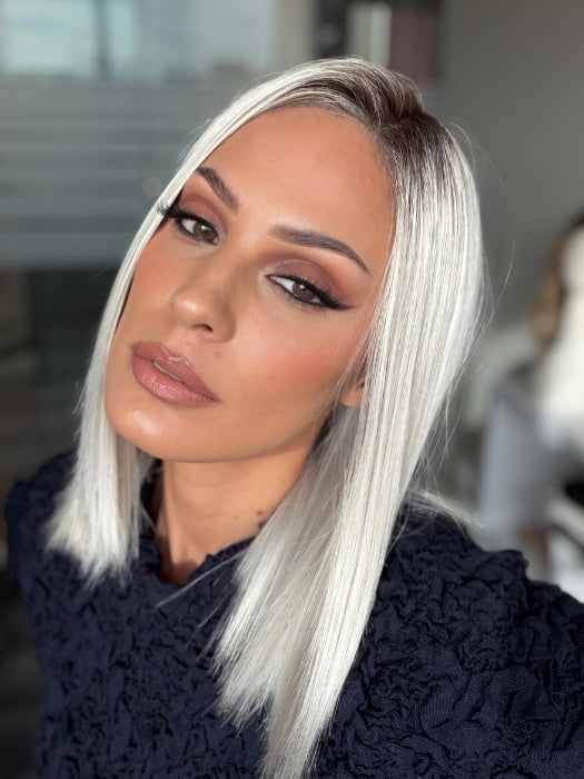 Roxie Wearing SUTTON by ESTETICA in SILVERSUN/RT8 | ICED BLONDE WITH SOFT SAND & GOLDEN BROWN ROOTS