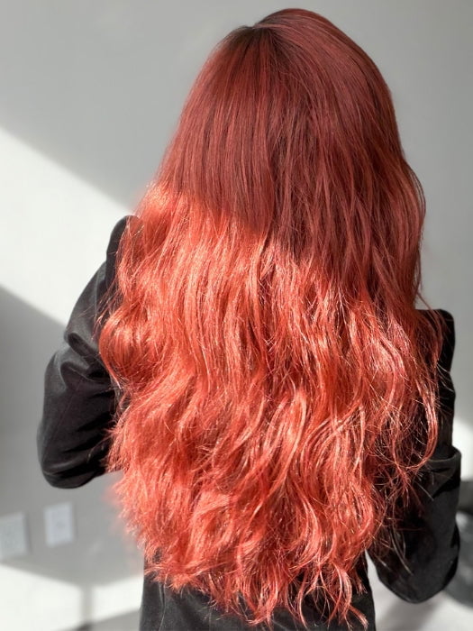 Roxie Wearing BROOKLYN by RENE OF PARIS in HENNA-RED-R | Bright and Vibrant Red with Cherry Undertones, Rooted with Rich Coffee Bean Brown