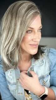 Kristyna @kristynamoore wearing CAMERON LITE PETITE by JON RENAU in color 39F38 ROASTED CHESTNUT | Light Natural Ash Brown with 75% Grey Front, graduating to Medium Brown with 35% Grey Nape