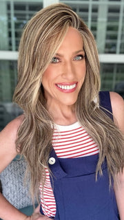 Kristyna wearing RUNWAY REHEARSAL by RAQUEL WELCH in RL11/25SS SHADED HONEY PECAN | Chestnut Brown base blends into multi-dimensional tones of Brown and Golden Blonde