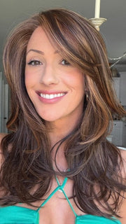 Jenna Fail wearing BEVERLY HILLS by BELLETRESS in MOCHA MAPLE BROWN | A mix of Dark Brown, Medium Brown, Light Auburn, Medium Strawberry