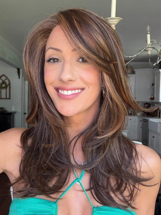 Jenna Fail wearing BEVERLY HILLS by BELLETRESS in MOCHA MAPLE BROWN | A mix of Dark Brown, Medium Brown, Light Auburn, Medium Strawberry