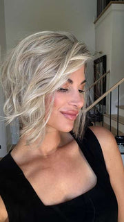 Katy C. @thewigeducator wearing TREND ALERT by GABOR in color GF19-23SS BISCUIT | Light Ash Blonde Evenly Blended with Cool Platinum Blonde with Dark Roots