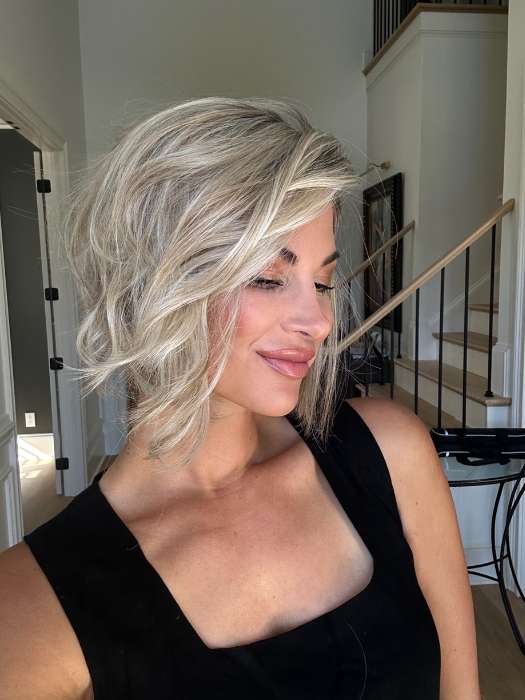 Katy C. @thewigeducator wearing TREND ALERT by GABOR in color GF19-23SS BISCUIT | Light Ash Blonde Evenly Blended with Cool Platinum Blonde with Dark Roots