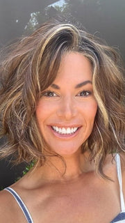 Katy C. @thewigeducator wearing HAVEN by ESTETICA in color CKISSRT4 | Golden Brown with Copper Blonde Highlights and Dark Brown Roots