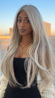 Shyla @stylewithshyla wearing AVERY by JON RENAU in FS17/101S18 PALM SPRINGS BLONDE | Light Ash Blonde with Pure White Natural Violet, Shaded with Dark Natural Ash Blonde