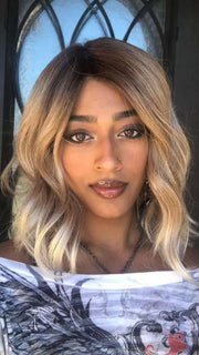 Shyla @stylewithshyla wearing ZARA by RENE OF PARIS in color MELTED-MARSHMALLOW | Subtly Warm Dark Sandy Blonde Blend with Medium Brown Roots and Light Ash Blonde Tips and Highlights