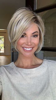 Katy C. @thewigeducator wearing IGNITE PETITE by JON RENAU in color 22F16S8 VENICE BLONDE | Light Ash Blonde and Light Natural Blonde Blend Shaded with Medium Brown