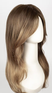MACADAMIA-LR | The root is soft brown color that melts into a beige blonde color.